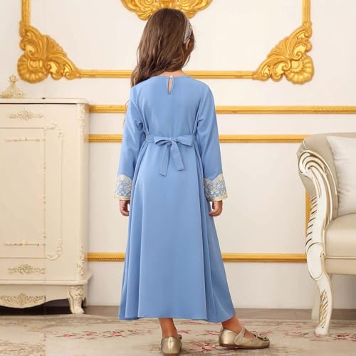 Kids Girls Ramadan Muslim Lace Trim Maxi Dress with Belt Prayer Arabic Kaftan Dubai Islamic Eid Dresses - color: Blue, size: 8-9 Years