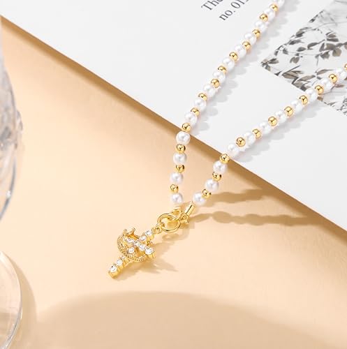 Robaice Upgraded Crown Cross Necklace for Women, 14K Gold Plated - color: E Pearl Necklace, Gold