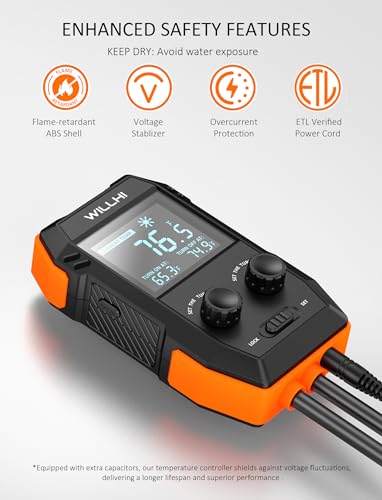 WH2408 Temperature Controller 10A 1200W, Digital Thermostat Controlled Outlet Plug Switch for Reptile Terrarium Greenhouse Homebrew Aquarium Seedling Mat, Heating or Cooling Mode (Pack of 1)