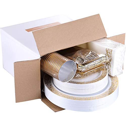 FOCUSLINE 175 Ct Gold Dinnerware Set for 25 Guests, Plastic Plates with Gold Lace Rim Design, Including 25 Disposable Dinner & Dessert Plates, Cups, Napkins, Cutlery Set - color: Gold Dinnerware Set