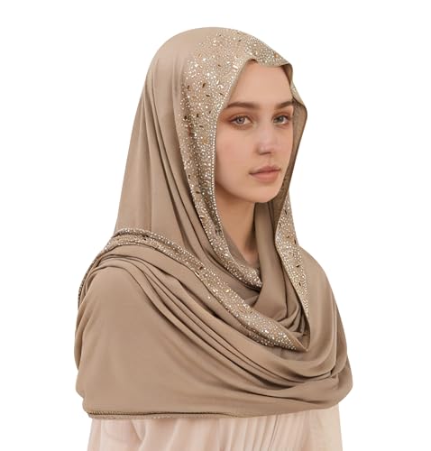 Women Elegant Long Scarf Muslim Islamic Ramadan Eid Hijab Prayer Scarf Silk Jersey Turban Headwrap Lightweight Shawl - color: B-khaki