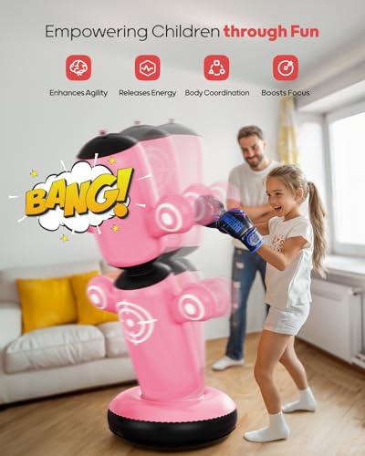 QPAU 360° Rotatable Punching Bag for Kids, Lager 64” Kids Punching Bag with Gloves, Hand Pump & 6 Targets, Bop Bag Inflatable Punching Toy, Karate Gifts for Boys, Girls - color: Pink