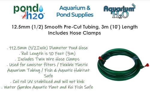 12.5mm (1/2'') Smooth Green Fish Tank Hose 3m (10') Long w/Hose Clamps, Translucent Flexible Aquarium Tubing for Fish Tank Equipment Including External Filters, Pumps, and UV Sterilizer Systems