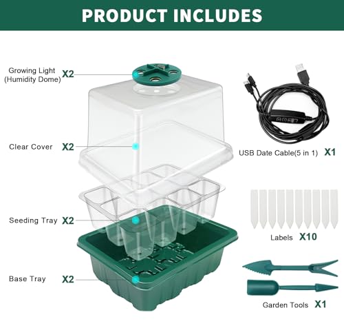 Seed Starter Tray,Plant Propagation Station with Grow Light,2 Pcs | Seedling Starter Kit with Timing Controller,Mini Greenhouse with Humidity Domes and Base,Plant Tray for Seed Growing Starting - size: 2 Packs