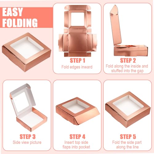 Zonon 30 Pcs Kraft Paper Boxes with Window 4.13 x 4.13 x 1.18 Inch Candy Packaging, Small Gift Boxes, Soap holder, Mini Treat Packaging for Bakery Chocolate Jewelry Display (Rose Gold) - color: Rose Gold