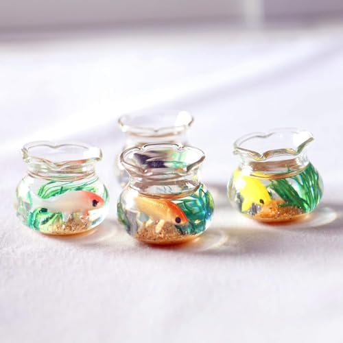 2 Pieces Miniature Fish Bowl Set, Round Resin Fish Tanks with Goldfish Grass, Dollhouse Accessories Decor for Dollhouse Desktop Craft Project Decor