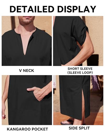 YAOHUOLE Men's Short Sleeve Kaftan Thobe Side Split Caftan with Pockets Long Gown Thobe - color: Black, size: X-Large
