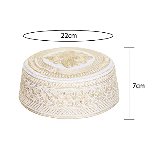 Mens Muslim Hat Islamic Prayer Cap, Muslim Eid Prayer Embroidered Kufi Fat Ramadan Mosque Arab Indian Prayer Cap - color: Gold