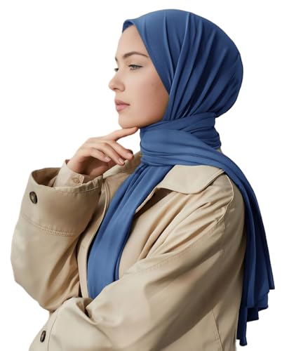 Harewom Muslim Hijab for Women Soft Stretch Headscarf Large Plain Turban Wrap Shawl Head Wrap for Everyday Wear - color: Denim Blue Hijab Headscarf