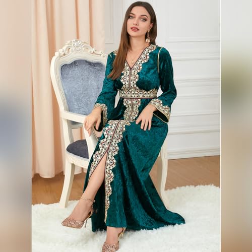 IDOPIP Muslim Women Velvet Dress Embroidery Abayas Long Sleeve V-Neck Moroccan Maxi Kaftan Dubai Robe Arabic Islamic Clothing - color: Dark Green, size: Medium