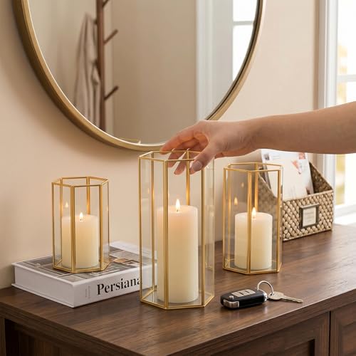 Glass Hurricane Candle Holder, Set of 3 Large Clear Hexagon Lanterns Pillar Candle Lantern with Gold Metal Frame Wedding Centerpiece Table Decor Home Decorations