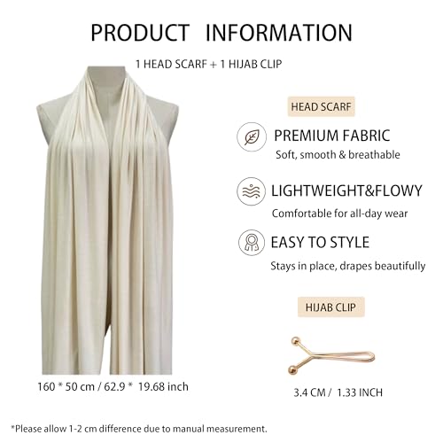 Jersey Hijab Scarf for Women,Lightweight Muslim Turban Head Scarf Modal Feel Hijab Coverings for Prayer with Clip - color: Beige