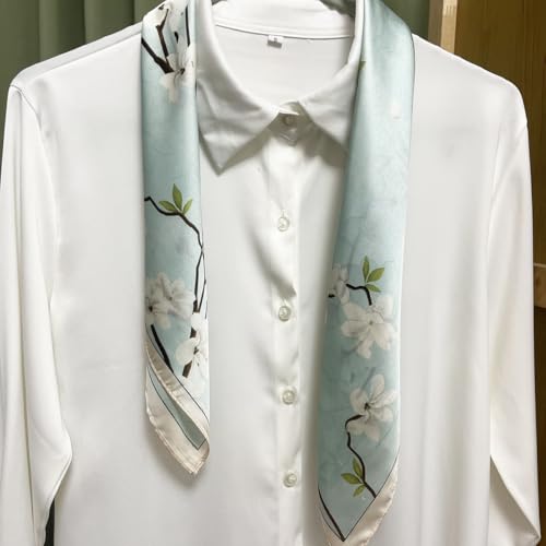 FONYVE Silk Feeling Scarf Medium Square Satin Head Scarf for Women 27.5 × 27.5 inches - color: 03 Light Green Floral
