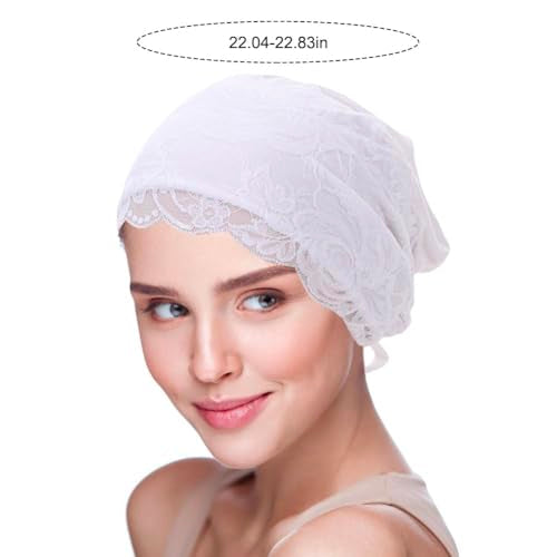 4 Pcs Lace Cotton Elastic Inner Beanies Cap for Islamic Muslim Hijab Undercap with Tie Back Closure Under Scarf Hat - color: Black & White