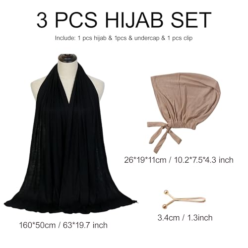 Hijab Scarf for Women, 3PCS Set with Undercap and Hijab Clip Lightweight Modal Muslim Head Wrap Scarf for Daily - color: Sy3-black Hijab+khika Undercap