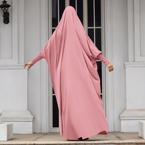 IDOPIP Muslim Abaya for Women One Piece Long Sleeve Islamic Prayer Dress with Hooded Hijab Maxi Kaftan Robe Modest Clothes - color: Pink