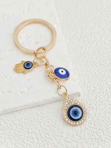 Blue Evil Eye Keychain Hamsa Hand Protection Keyring Good Luck Amulet for Purse Keys,Spiritual Gift for Women Men - color: Gold-2