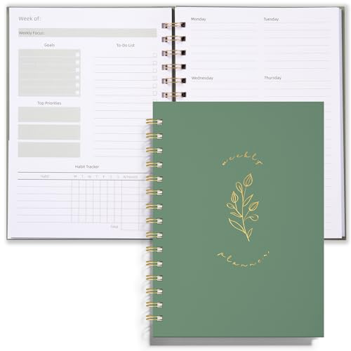 Undated Weekly and Monthly Planner Spiral Bound- Weekly Goals Notebook, To Do List, Habit Tracker Journal, Academic, Aesthetic, Stylish School or Office Supplies(6.1" x 8.4" - Green) - color: A-Green