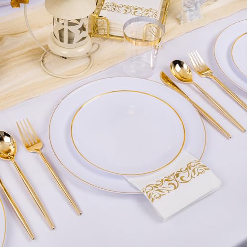 MirthMood 350Pcs White and Gold Dinnerware Set,Plastic plates Includes:50 Dinner Plates, 50 Dessert Plates, 150 Gold Plastic Cutlery,50 Paper Towels & 50 Cups for Party&Wedding - color: White, size: 350