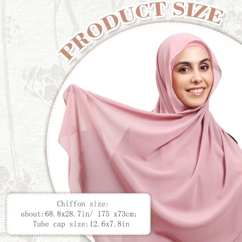 Women Instant Chiffon Hijab Set 3-in-1 Hijabs Scarf Muslim Soft Long Head Scarf with Built-in Magnets and Undercap - color: Pink