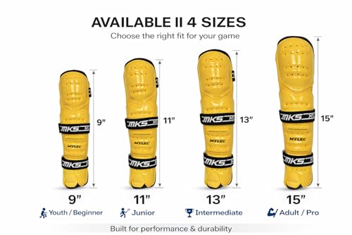 MyLec MK5 Street/DEK Shin Pad, Lightweight & Durable Hockey Accessories, 360° Straps, Hard Front Shells, Breathable Material, Metatarsal Padding Ice Hockey Shin Guards, Foam Rubber - color: Gold, size: 13"
