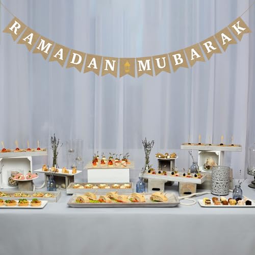 Burlap Ramadan Mubarak Banner - Rustic Ramadan Decorations, Eid Mubarak Party Decor, Muslim Fireplace Mantel Decoration Supplies