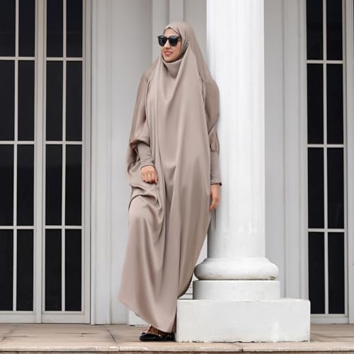 IDOPIP Muslim Abaya for Women One Piece Long Sleeve Islamic Prayer Dress with Hooded Hijab Maxi Kaftan Robe Modest Clothes - color: Light Khaki