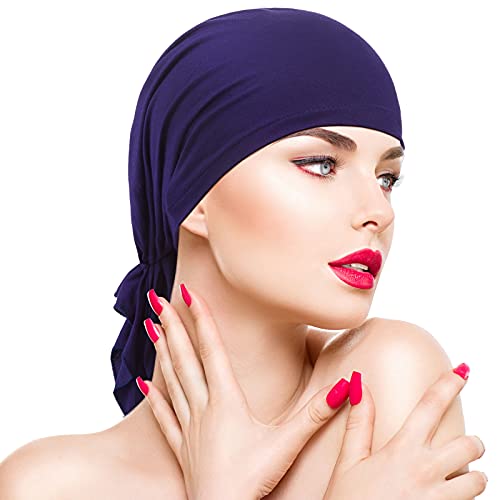 4 Pieces Slip-On Pre-Tied Head Scarves Women Headwear Turban Beanie Caps Head Wrap Headscarf for Women - color: Purple, Navy Blue, Wine Red, Black