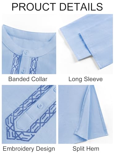 Runcati Mens Kaftan Thobe Button Down Casual Henley Shirts Long Sleeve Robe Cotton Linen Muslim Gown Shirt - color: Sky Blue, size: Small