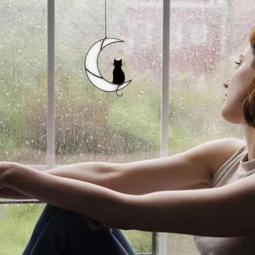 Cat Moon Stained Glass Suncatcher, Window Hanging Decor, Black & White - color: White Black