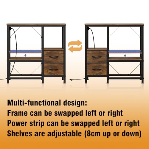 20-29 Gallon Fish Tank Stand with Power Outlet Vintage Metal Aquarium Stand with 2 Fabric Drawers Heavy Duty Reptile Tank Stand with 3-Tier Adjustable Storage Shelves, Left-Right Mounting