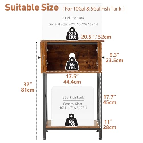 LAQUAL 10 Gallon Fish Tank Stand with Cabinet, Double Aquarium Stand for 10 & 5 Gallon Fish Tank, Heavy Metal Stand with Stable Structure, Adjustable Table Feet & Anti-tilt Device - Rustic Brown - color: Rustic Brown 5-10Gallon, size: 5-10Gallon