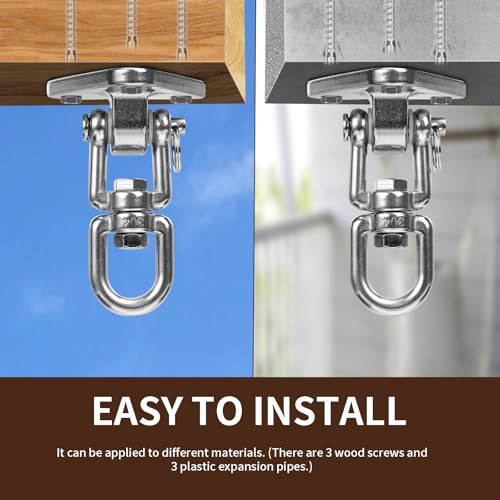 Stainless Steel Swing Hanger Heavy Duty 180°+360° Swivel Swing Hook Swing Hardware Kit for Yoga Swing Hammock Chair Porch Swing Sets Heavy Punching Bag 1500 LB Capacity - size: 3 Holes-2