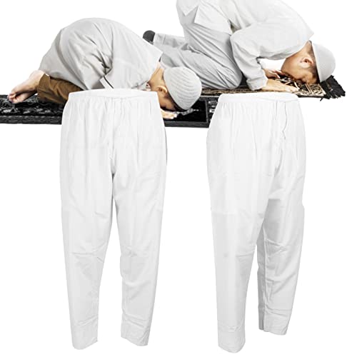 HEEPDD Men Muslim Loose Elastic Band Afghan Trousers, Polyester Cotton Pants with Stripe Decor, White, XXL - size: 48 Long