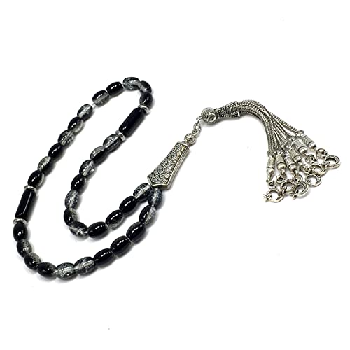 Transparent Crackle Black Glass Worry Beads, Prayer Beads, Tesbih, Tasbih, Tasbeeh, Rosary, Misbaha, Masbaha, Subha, Sebha (8x6mm-33 Beads) - color: Transparent Crackle Black Glass -8x6mm-33 Beads