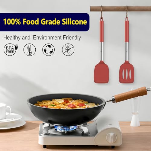 HOTEC Silicone Spatula Set of 2 Heat-Resistant 600°F & BPA-Free Kitchen SaptulaTurner with Stainless Steel Handles, Slotted & Solid Spatulas for Nonstick Cookware, 13.7 Inch, Red - color: Red
