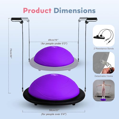 kisnbld Half Balance Ball Trainer, Inflatable 19/23 Inch Half Exercise Ball with Resistance Bands and Pilates Ball, Non-Slip 660lbs Capacity Yoga Ball for Home Gym Full Body Workouts - color: Purple