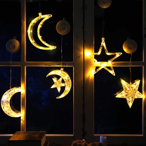 Tujoe 5 Pcs Ramadan Decorations Lights Eid Mubarak Moon Star Window Light LED Battery Powered Islam Window Silhouette Light Islamic Muslim Ramadan Hanging Decor for Wall Home Baby Room Outdoor Patio
