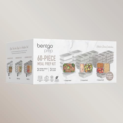 Bentgo Prep 60-Piece Meal Prep Kit - Reusable PFAS & BPA-Free Food Containers, 1-Compartment, 2-Compartment, & 3-Compartments - Microwave, Freezer, & Dishwasher Safe (White Stone) - color: White Stone