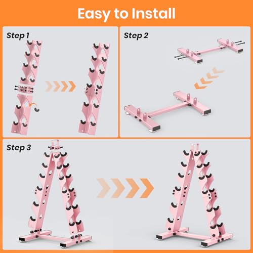 TomCare 6-Tier|5-Tier|4-Tier|2-Tier Dumbbell Rack Stand Only for Home Gym | Stable A-Frame, Fits 5–35 lb Dumbbells, Protective Padded Cradles, Adjustable Feet, Easy-Carry Handle (Stand Only) - color: Pink, size: 6 Tier