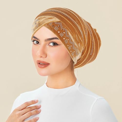 Rhinestone Hijab Turban Hats for Women Beanies Bandana Headwrap Cap Beanies Headwear Headscarf Undercap Turban Hat - color: Gold