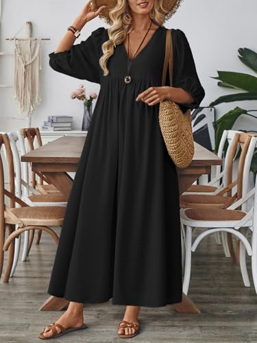 Celmia Autumn Solid Loose Long Maxi Dress Cotton Caftan - color: Puff Black, size: X-Large