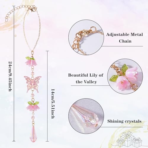 Butterfly Crystal Car Charm Lily Flower Beaded Mirror Hanging | Pink Lily Of The Valley Flower Beaded Pendant. Elegant Hanging Car Interior Decor Ornament. Crystal Butterfly Mirror Charm. - style: Butterfly