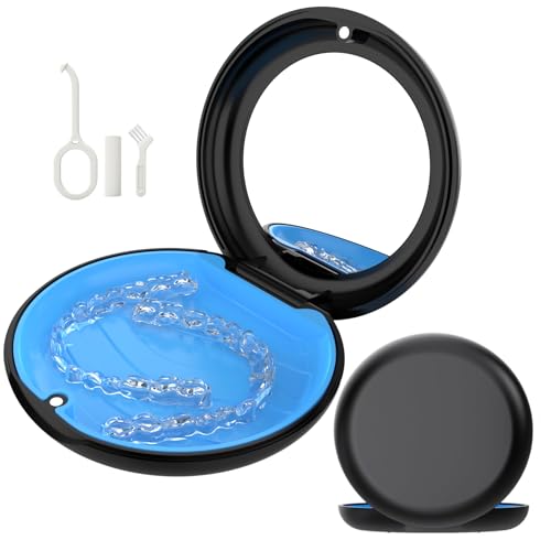 Retainer Case with Mirror, Slim Aligner Case Compatible with Invisalign, Cute Retainer Case with Silicone Pad, Mouth Guard Case with Retainer Removal Tool, Chewy and Brush, Black - color: Black with Mirror