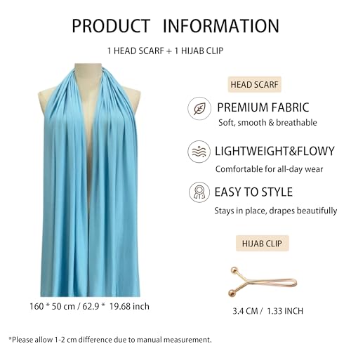 Jersey Hijab Scarf for Women,Lightweight Muslim Turban Head Scarf Modal Feel Hijab Coverings for Prayer with Clip - color: Blue