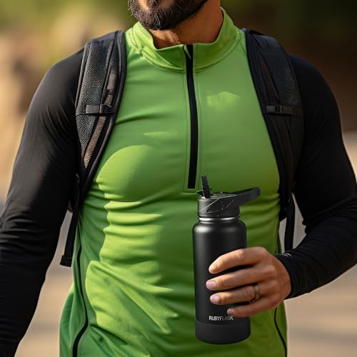 RUBYFLASK 40 oz Insulated Stainless Steel Water Bottle with Straw | 3 Lids, Wide Mouth, Metal Vacuum Leakproof Water Jug Flask and Handle, Large Thermal Cup with Silicone Boot, Dark Rainbow - color: N-Dark Rainbow, size: 40 Ounces