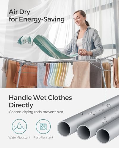 SONGMICS Clothes Drying Rack Foldable, Gullwing Laundry Drying Rack, Space-Saving, 22.2 x 68.1 x 38 Inches, Sock Clips, Metal Structure, for Clothes, Towels, Linens, Indoor, Outdoor Gray ULLR518G01 - color: Gray, style: 2 Gullwings(22.2"D)