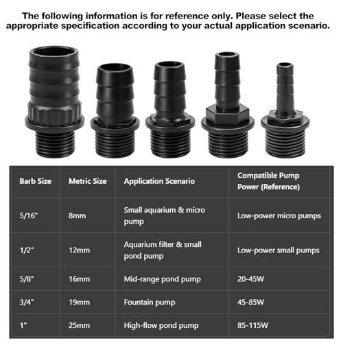 Hose Barb Fitting Set for Submersible Pump, 5PCS G1/2" Male Thread to 5/16" 1/2" 5/8" 3/4" 1" Barb Adapter Kit, PP Plastic Pump Outlet Connector for Pond Fountain Aquarium Hydroponics Water Feature