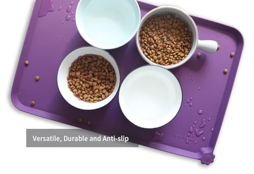 Hoki Found Silicone Pet Food Mats - Non Slip Dog Cat Bowl Placemats - Waterproof Dog Cat Food Mats for Carpet - Eggplant - color: Eggplant, size: 22" x 14"