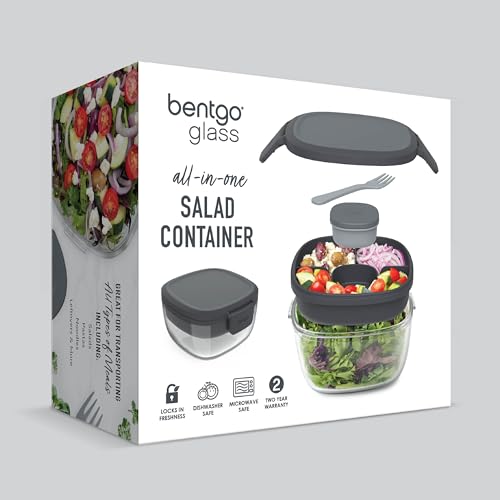 Bentgo Glass Salad Container - 7.6-Cup Salad Bowl with Airtight Lid, Leak-Proof Sauce Container, 4-Compartment Bento Tray & Reusable Fork - BPA-Free for Meal Prep, Office & More (Dark Gray) - color: Dark Gray